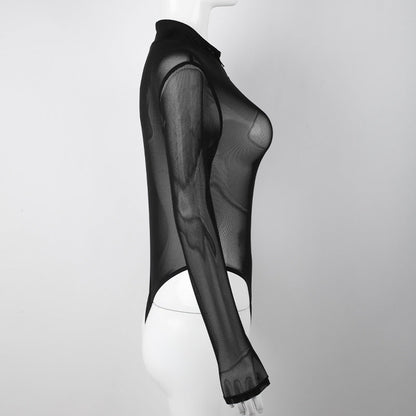 Bodysuit Dam Transparent Långärmad Spandex med Dragkedja och Stativkrage-5