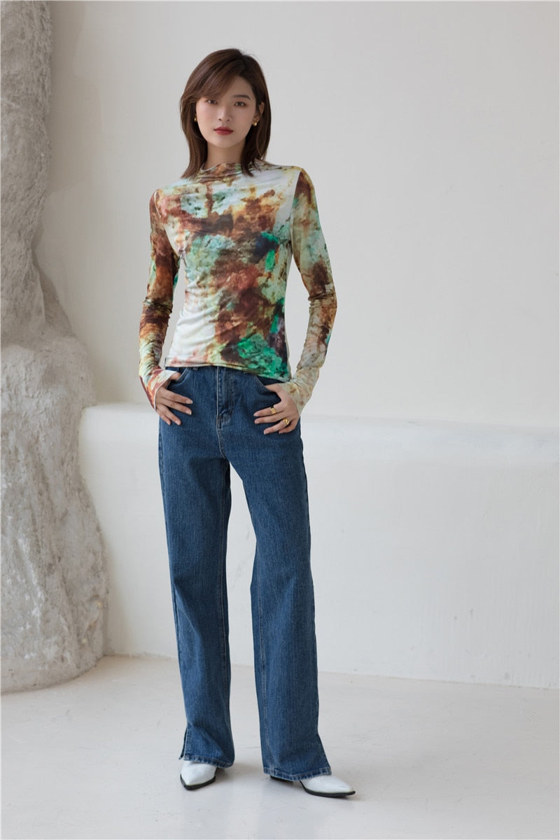 Dam T-shirt Långärmad Utskriftsmönster Polyester-5