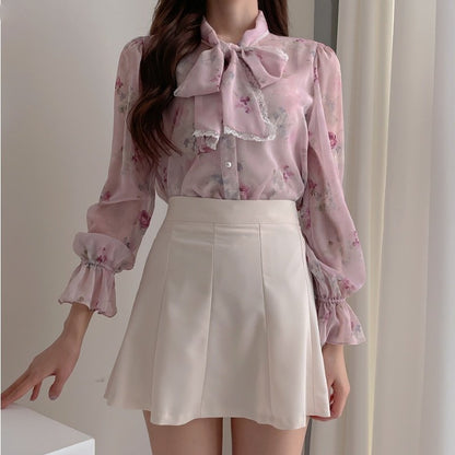 Dam Blus Elegant Utställda Ärmar Chiffon med Blomstertryck 5