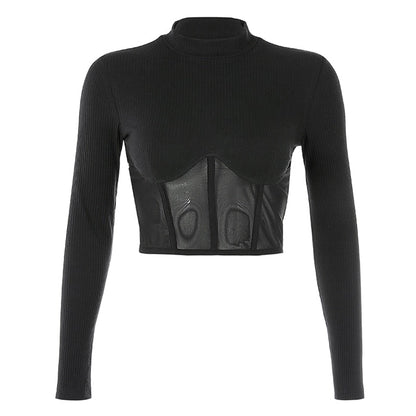 Dam Långärmad T-Shirt Stående Krage Bomull Spandex-1