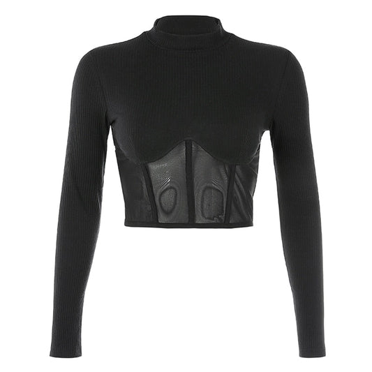 Dam Långärmad T-Shirt Stående Krage Bomull Spandex-1