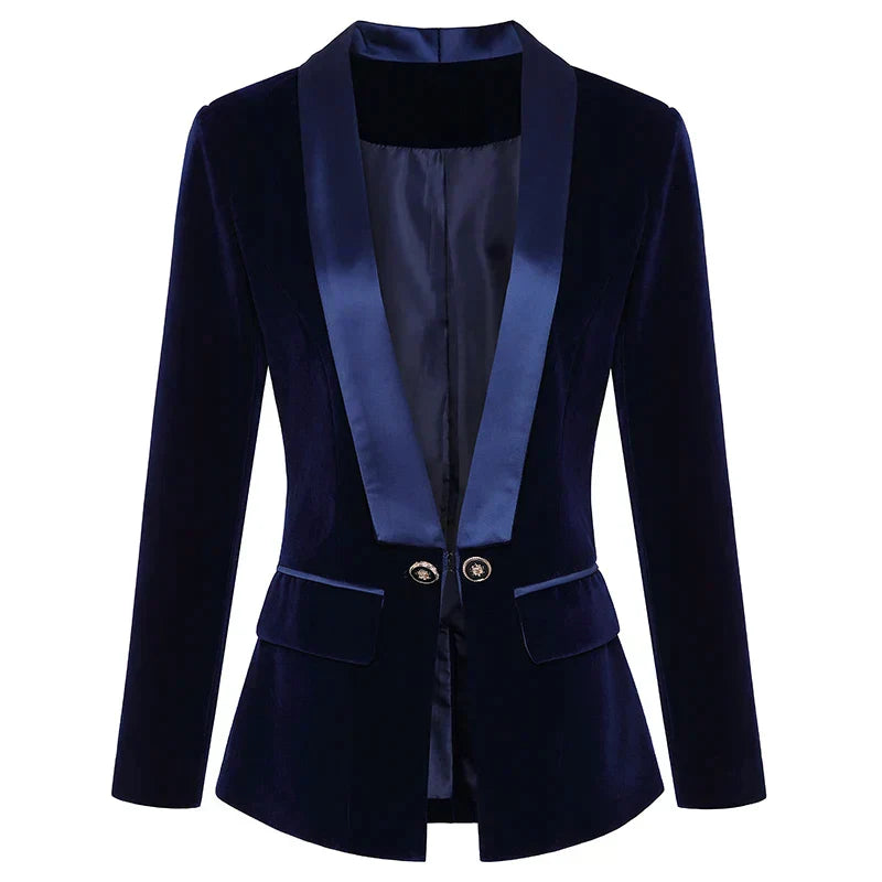Dam Blazer i Sammet med Satin Detaljer – Klassisk Passform, Långa ärmar, Elegant och Tidlös Design 3
