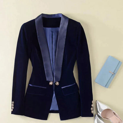 Dam Blazer i Sammet med Satin Detaljer – Klassisk Passform, Långa ärmar, Elegant och Tidlös Design 9