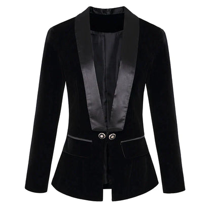 Dam Blazer i Sammet med Satin Detaljer – Klassisk Passform, Långa ärmar, Elegant och Tidlös Design 8