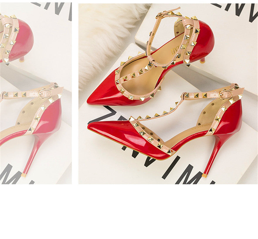Dam Högklackade Sandaler Ankelband PU-Läder med Nitar-2