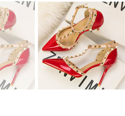 Dam Högklackade Sandaler Ankelband PU-Läder med Nitar-2