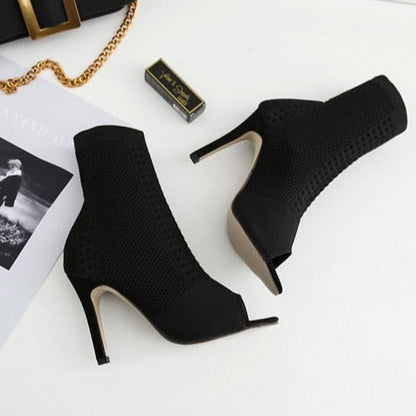 Dam Ankelstövlar Peeptoe Stretch Gummi Hög Klack-6