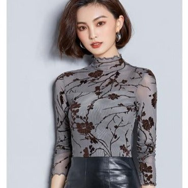 Dam Blus Långärmad Mesh Blommönster Polyester-5