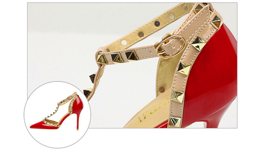 Dam Högklackade Sandaler Ankelband PU-Läder med Nitar-5