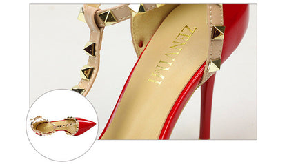 Dam Högklackade Sandaler Ankelband PU-Läder med Nitar-6