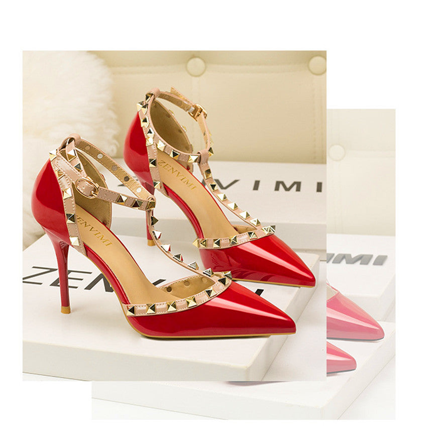 Dam Högklackade Sandaler Ankelband PU-Läder med Nitar-3