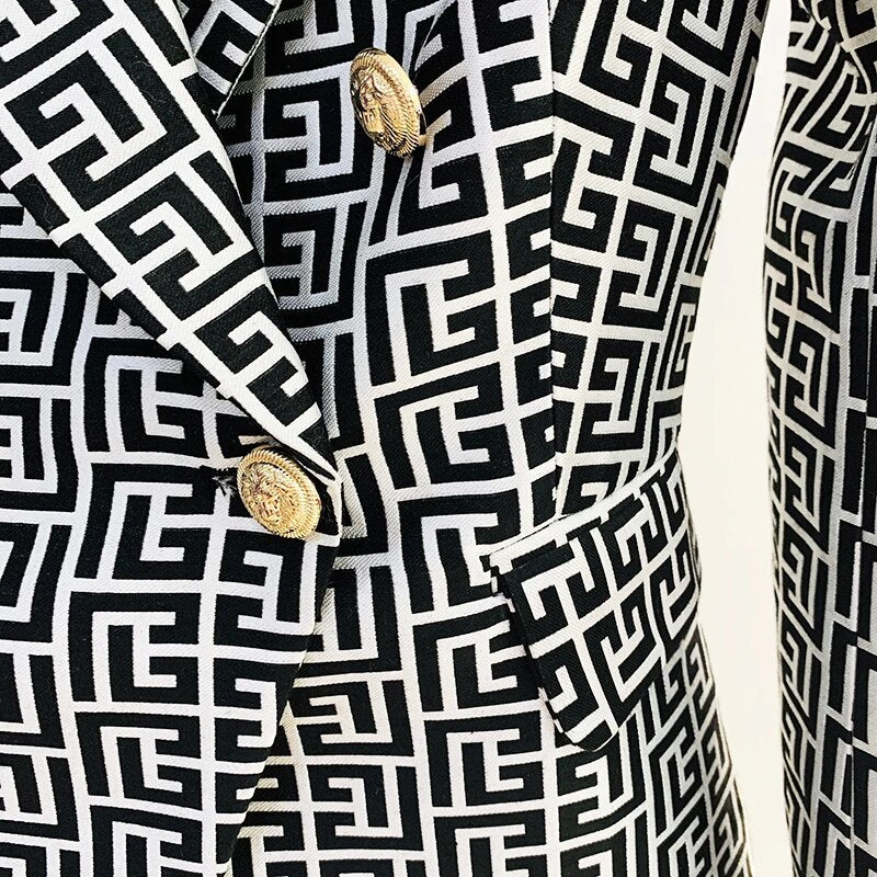 Dam Blazer Geometriskt Mönster Polyester med Regelbundna Ärmar och Dubbelradig Stängning-6