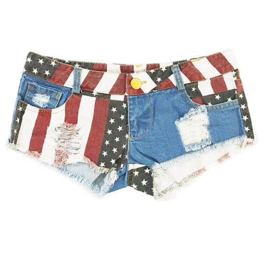 Damshorts Låg Midja Denim Amerikanskt Flaggmönster med Sprickdetaljer-1