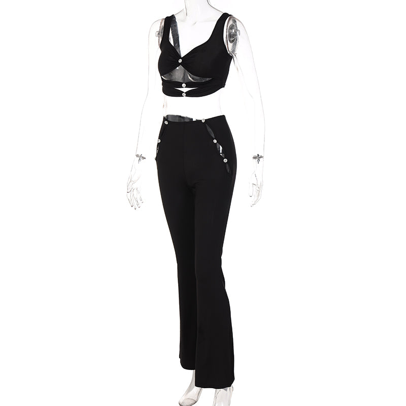 Dam Set Skördetopp Vinkelkärlhalsring Höga Byxor Polyester Spandex-4