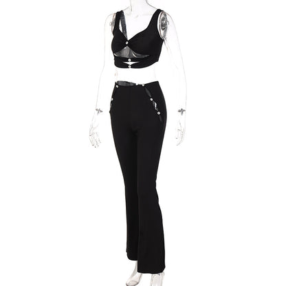 Dam Set Skördetopp Vinkelkärlhalsring Höga Byxor Polyester Spandex-4