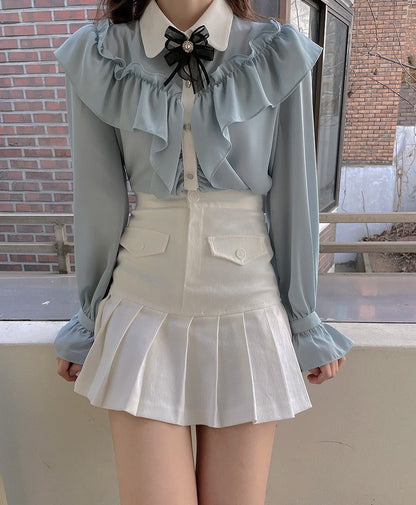 Vit Dam Blus Chiffon med Ruffle Detaljer 4