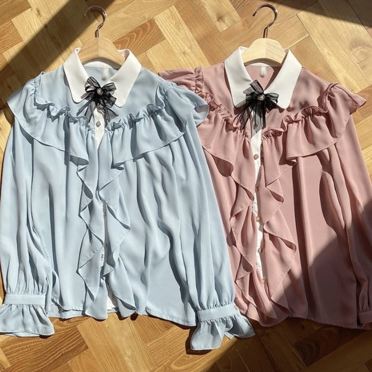 Vit Dam Blus Chiffon med Ruffle Detaljer 5