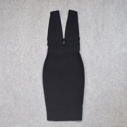 Dam Midi Klänning V-ringad Smal Nylon med Utskärningar-4