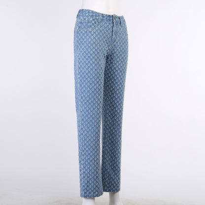 Dam Jeans med Raka Ben och Geometriskt Mönster i Bomull och Polyester – Casual Stil, Falsk Denim 6