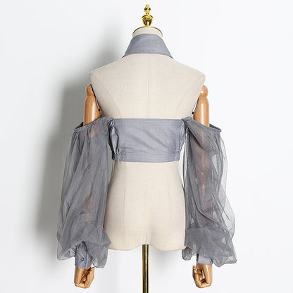 Dam Off-Shoulder Crop-Top med Lykta Ärmar i Bomull och Polyester-2