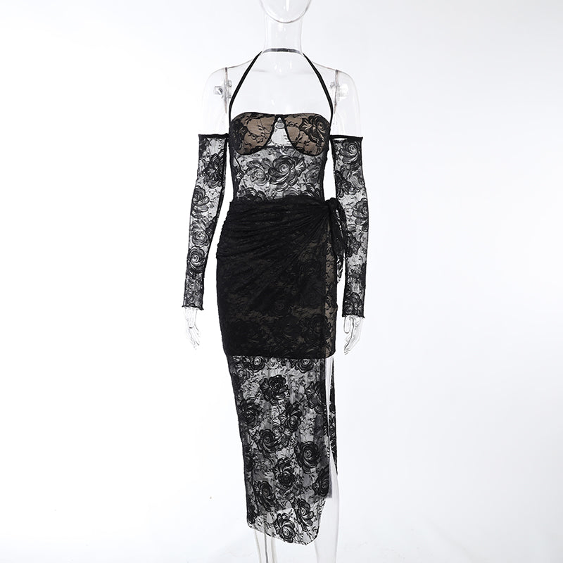 Kvinnor Miniklänning Off-Shoulder Spandex Polyester med Rosmönster 1