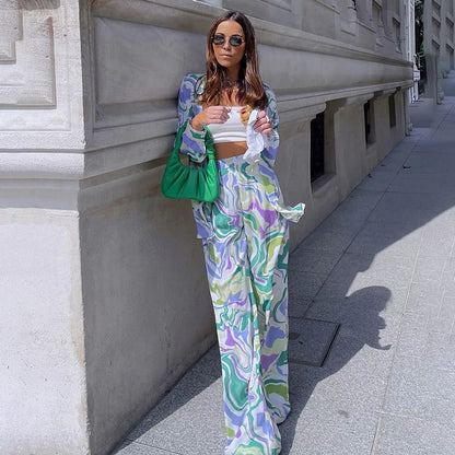 Dam Tvådelad Uppsättning Långärmad Blus Högkvalitativt Tyg Byxor-2