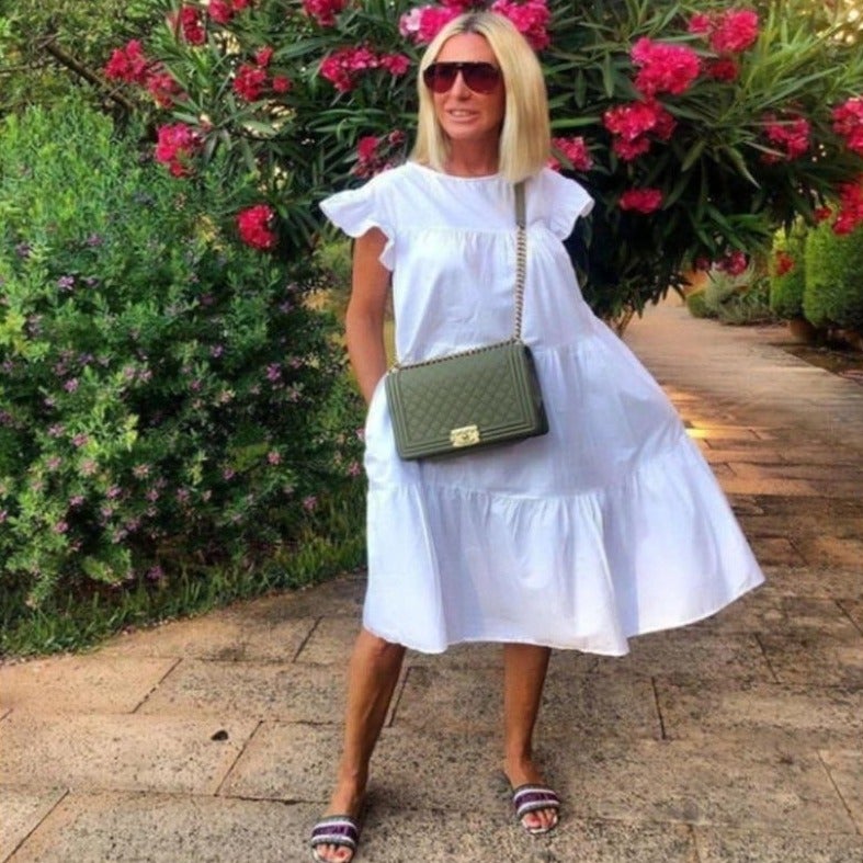 Midiklänning Dam med Utställd Kjol och Korta Ärmar i Polyester – Elegant och Tidlös Stil för Alla Tillfällen 13