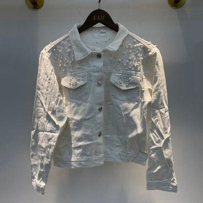 Jeansjacka Dam med Pärldekoration Avslappnad Denim 8