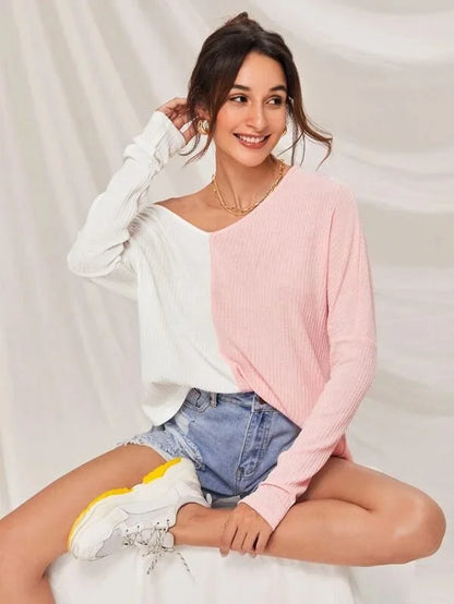 Variant image for Dam Tröja V-ringning Kontrastfärg Ribbad Material Högkvalitativt Tyg-11