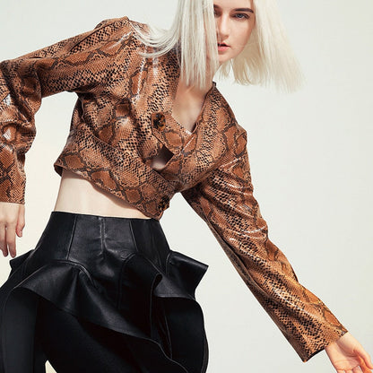 Dam Blus Långärmad V-Neck Ormmönster Bomull Polyester-3