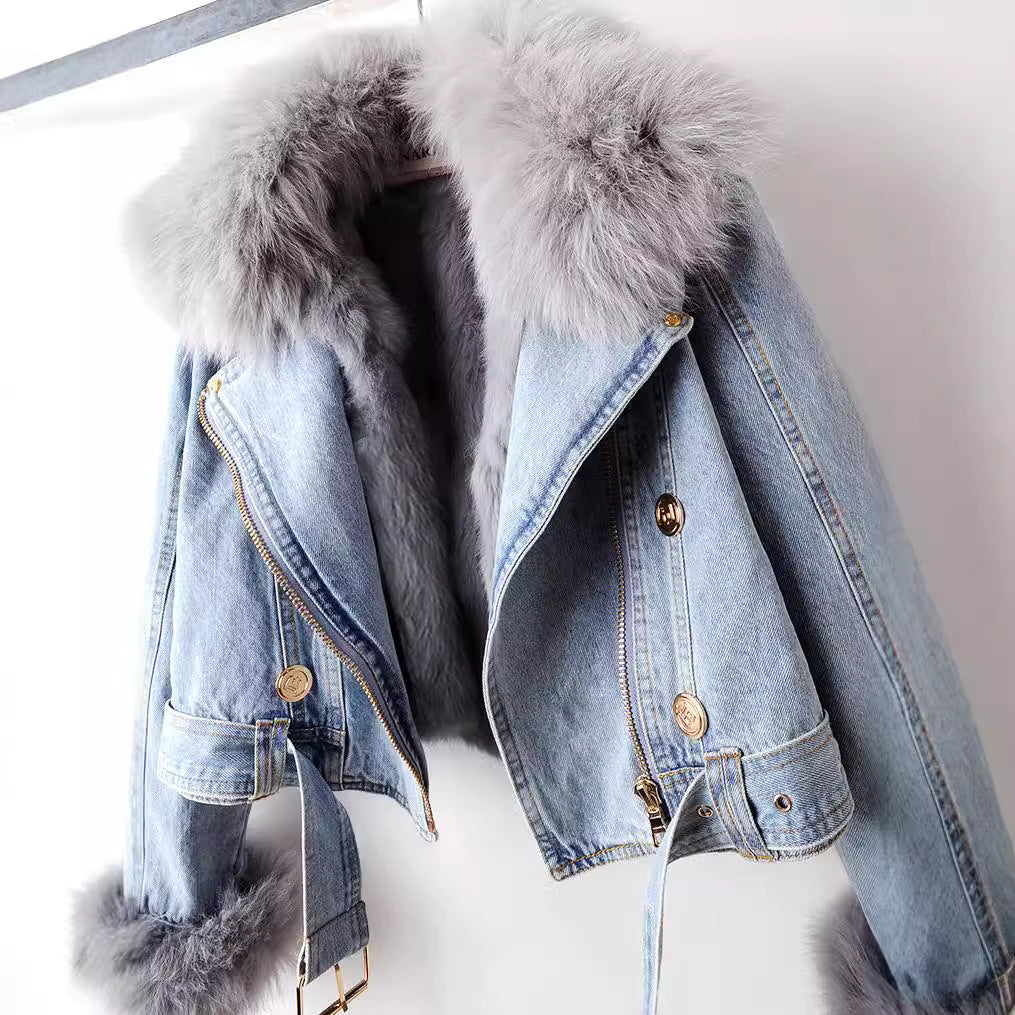 Dam Kappa Avtagbar Krage Denim med Tvättbjörnpäls-5