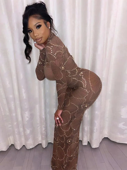 Kvinnors Lång Klänning Transparent Långärmad Högkvalitativt Tyg-2