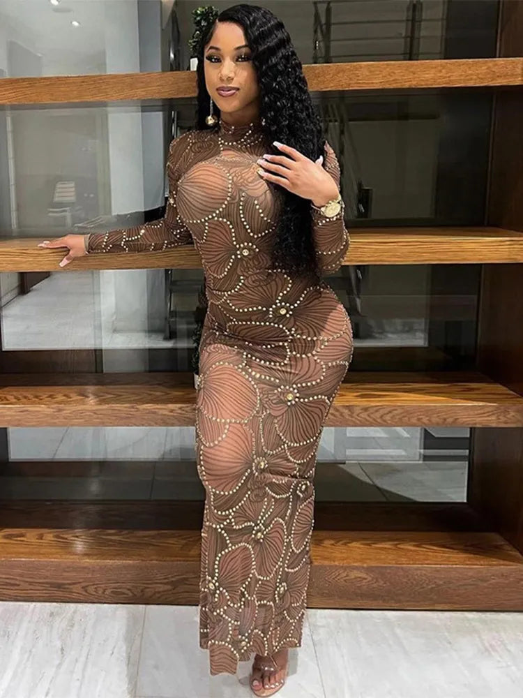 Kvinnors Lång Klänning Transparent Långärmad Högkvalitativt Tyg-3