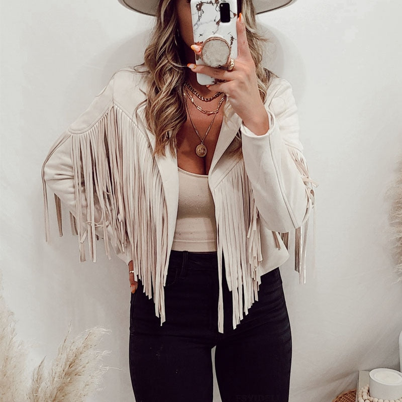 Läderjacka Dam med Fransar – Boho-Chic Design för Avslappnade och Eleganta Tillfällen 11