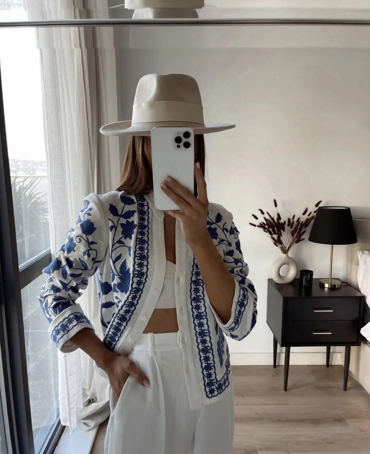 Dam Kofta Blommig Design 100% Bomull Långärmad Lös Passform-5