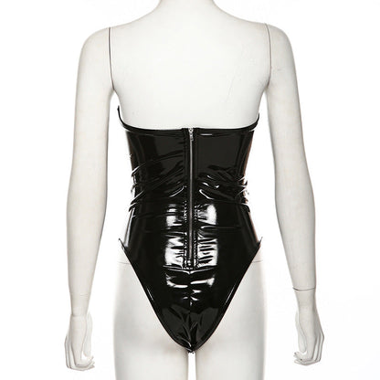 Dam Bodysuit Fitted PU Polyester med Dragkedja-3