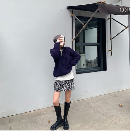 Stickad Dam Tröja Zip-Up Ull Avslappnad Passform-2