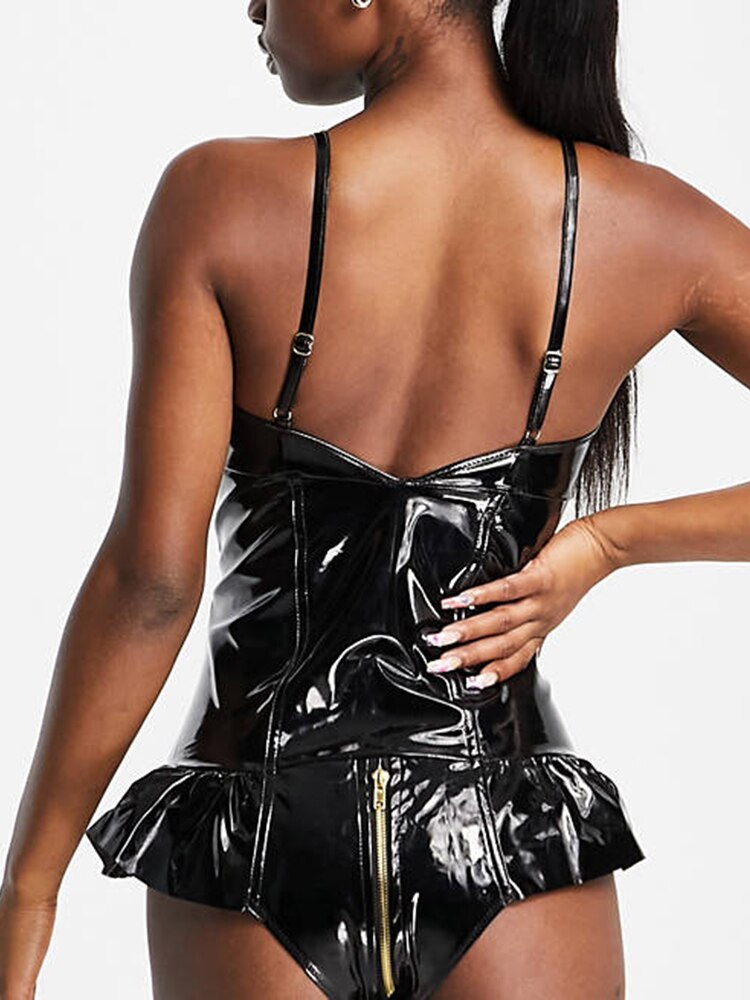 Dam Bodysuit Ärmös PU-Läder Spaghetti Band med Ruffles-4