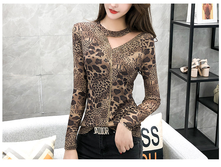 Dam T-shirt Leopardmönster O-hals Strassdekoration Polyester Spandex-3