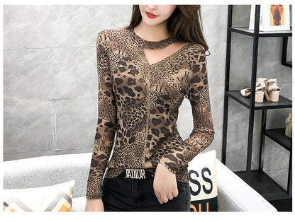 Dam T-shirt Leopardmönster O-hals Strassdekoration Polyester Spandex-3