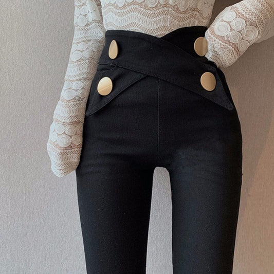 Kvinnors Hög Midja Byxor Monokrom Bomullsblandning-1