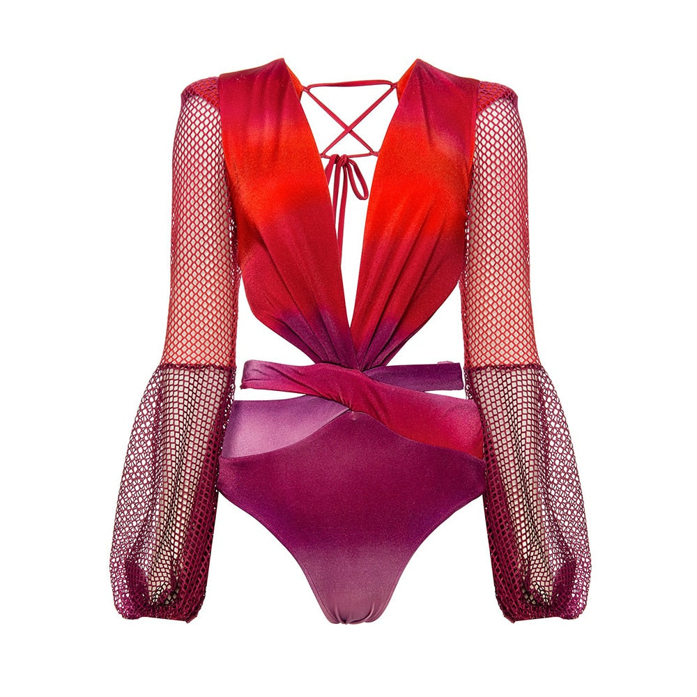 Dam Monokini Långärmad Monokrom Acetat Badkläder-4