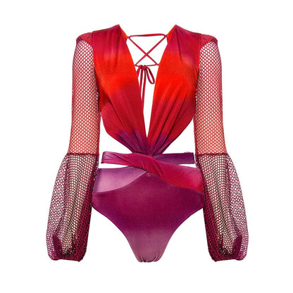 Dam Monokini Långärmad Monokrom Acetat Badkläder-4