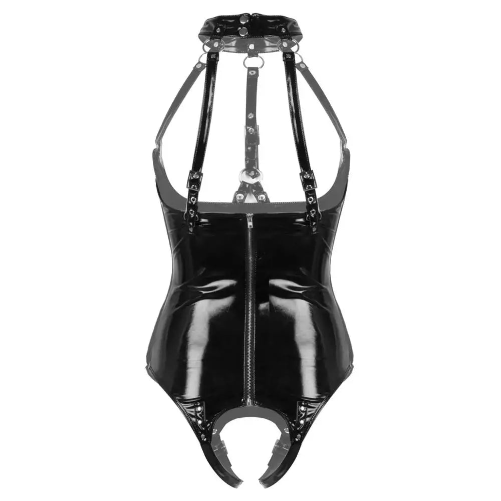 Dam Crotchless Teddy PU-Läder Förförisk Design-2