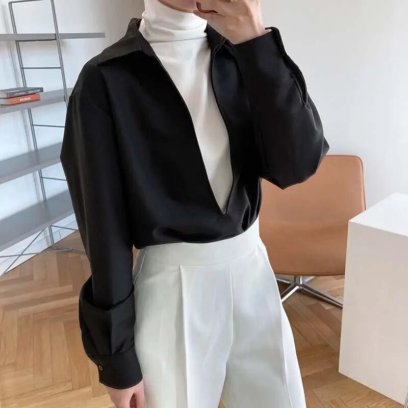 Dam Blus Monokrom Lätt Polyester Regelbunden Passform-6