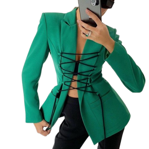 Dam Blus Långärmad Snörning Polyester med Fickor-2