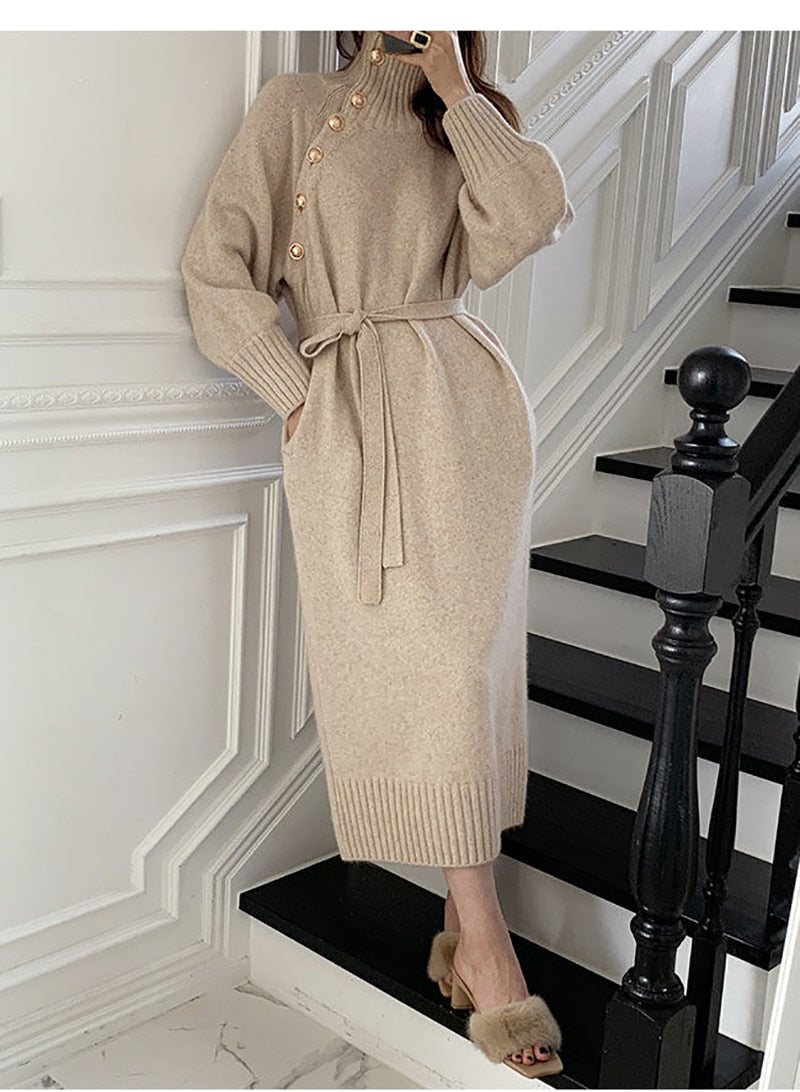 Kvinnors Midi Klänning Turtleneck Spandex Bomull-5