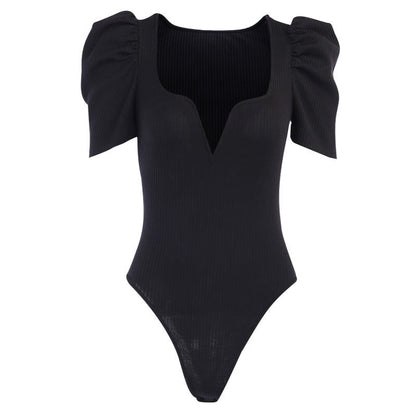Bodysuit Dam med Korta Puffärmar i Lätt Polyester - Svart eller Vit, Perfekt för Vardags- och Festliga Tillfällen 2