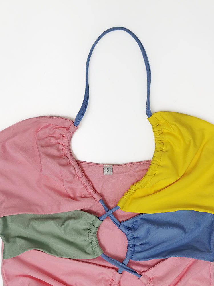 Kvinnors Mini Klänning Spaghetti Rem Patchwork Polyester 6