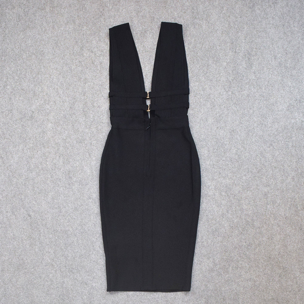 Dam Midi Klänning V-ringad Smal Nylon med Utskärningar-5